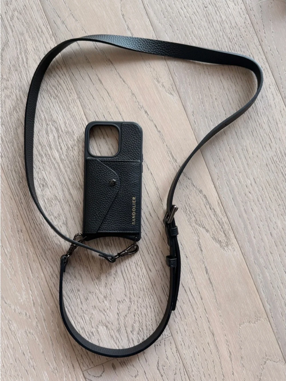 Bandolier Black Leather Crossbody Phone Case with Gold Hardware - Picture 7 of 7